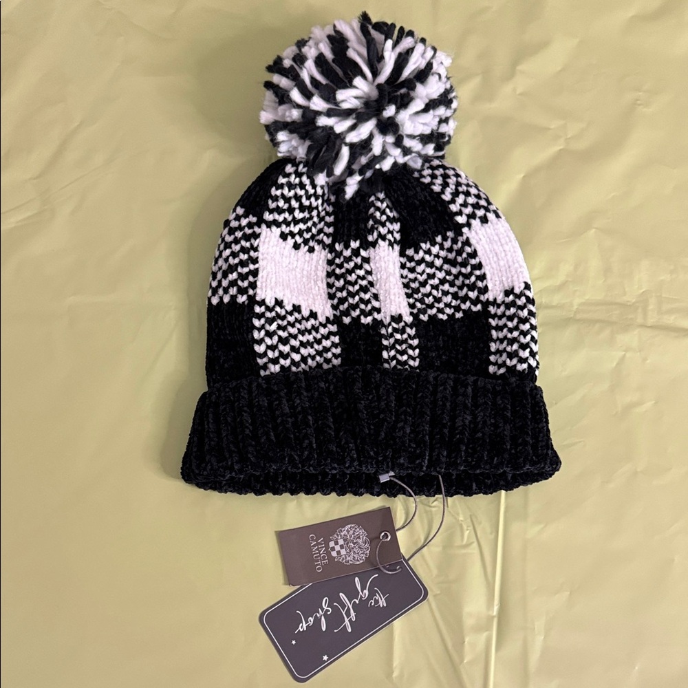 Vince Camuto Black and White Checkered Beanie